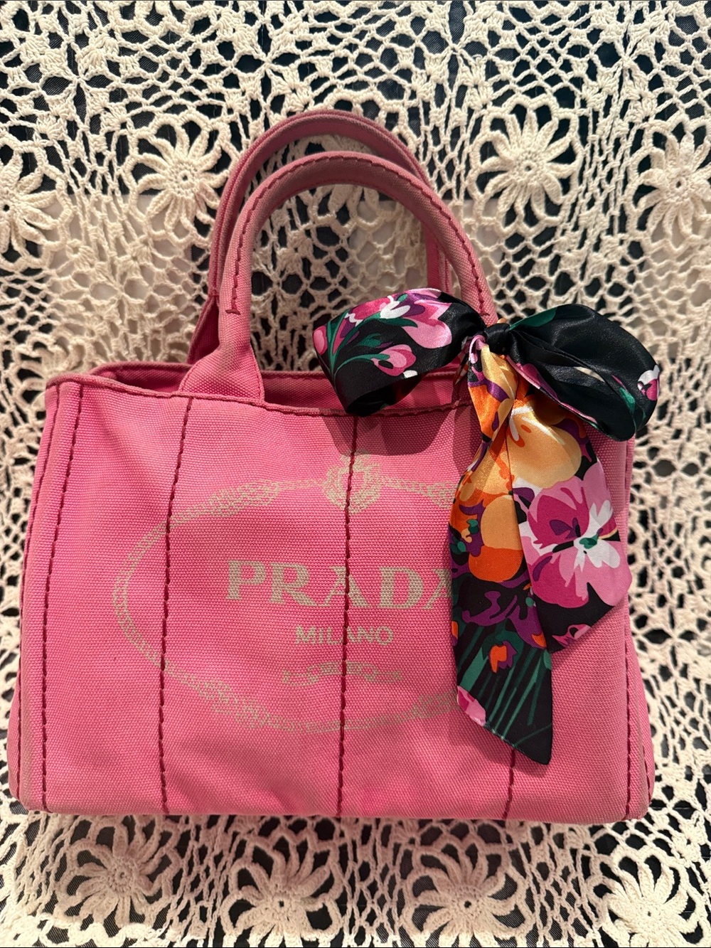 Prada Pink Canapa Canvas Tote with Floral Scarf Accent